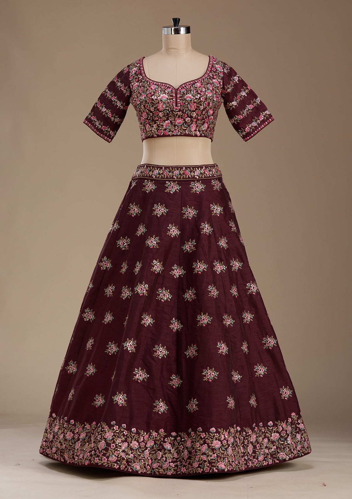 Maroon Threadwork Raw Silk Readymade Lehenga-koskii