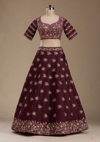 Maroon Threadwork Raw Silk Readymade Lehenga-koskii