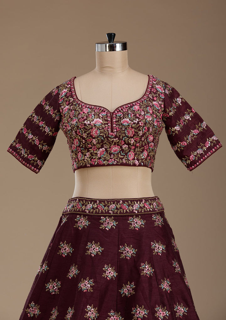 Maroon Threadwork Raw Silk Readymade Lehenga-koskii