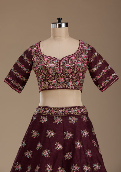 Maroon Threadwork Raw Silk Readymade Lehenga-koskii