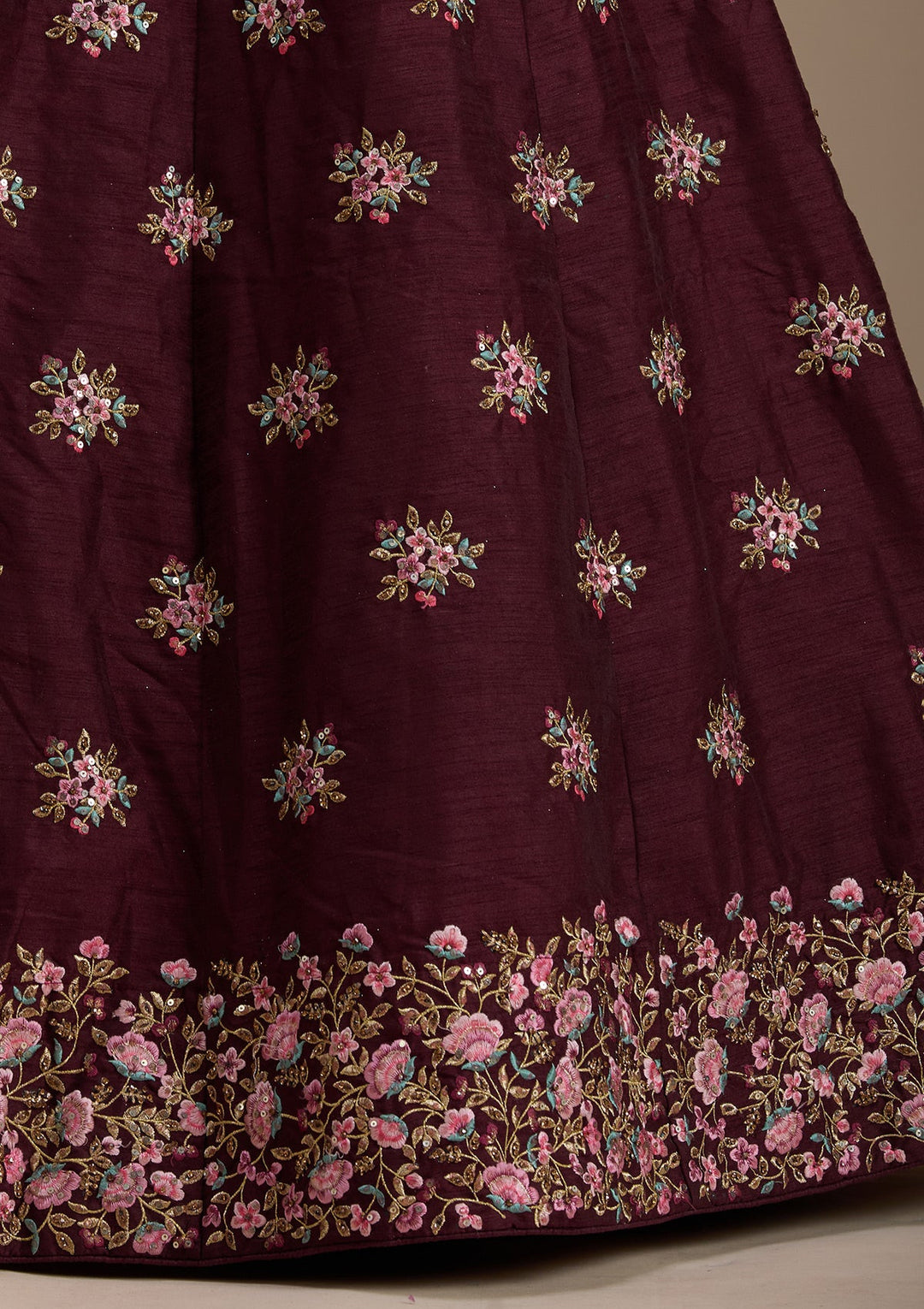 Maroon Threadwork Raw Silk Readymade Lehenga-koskii