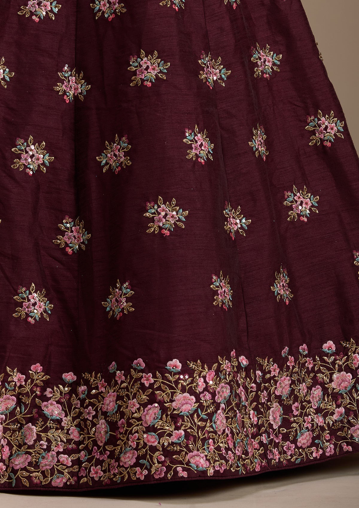 Maroon Threadwork Raw Silk Readymade Lehenga-koskii