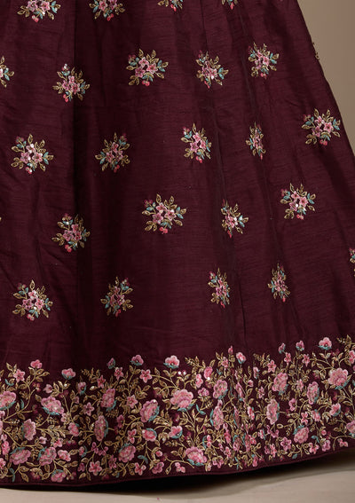 Maroon Threadwork Raw Silk Readymade Lehenga-koskii