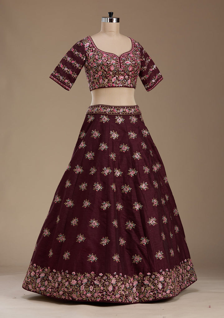 Maroon Threadwork Raw Silk Readymade Lehenga-koskii