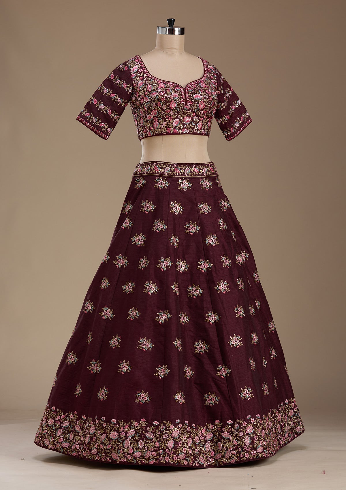 Maroon Threadwork Raw Silk Readymade Lehenga-koskii
