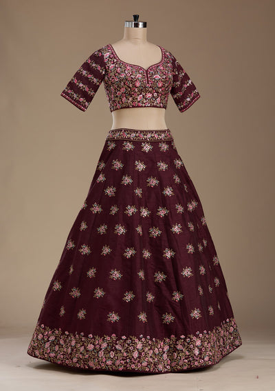 Maroon Threadwork Raw Silk Readymade Lehenga-koskii