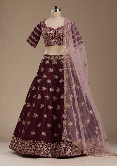 Maroon Threadwork Raw Silk Readymade Lehenga-koskii