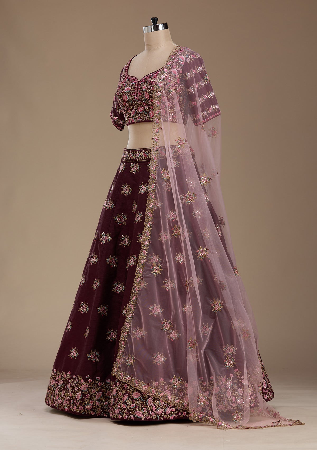 Maroon Threadwork Raw Silk Readymade Lehenga-koskii