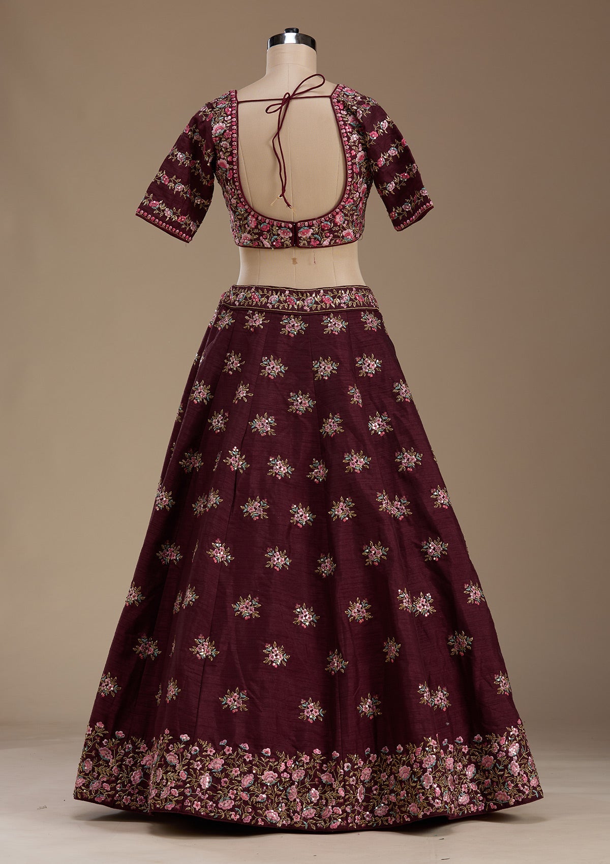 Maroon Threadwork Raw Silk Readymade Lehenga-koskii