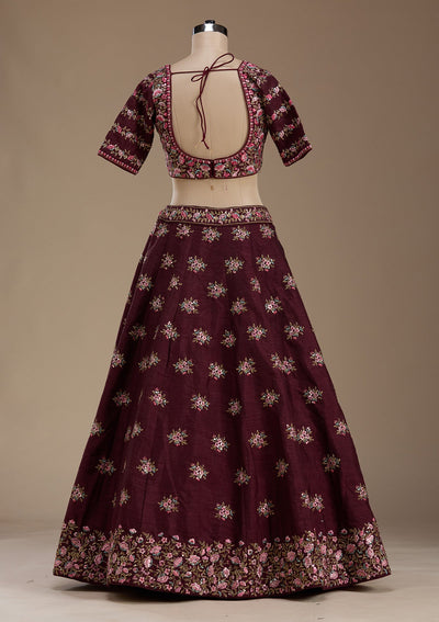 Maroon Threadwork Raw Silk Readymade Lehenga-koskii