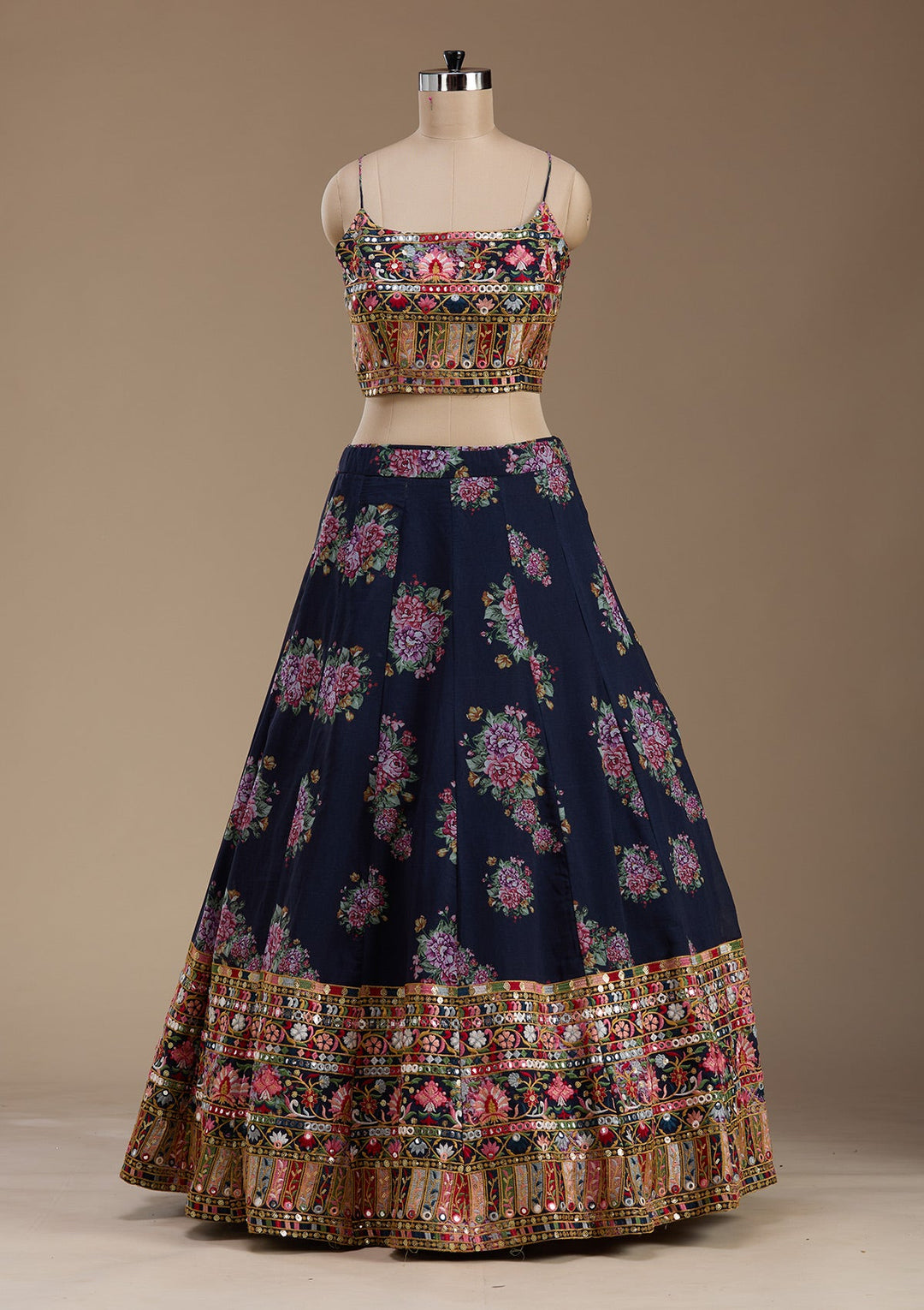 Navy Blue Threadwork Georgette Readymade Lehenga-koskii