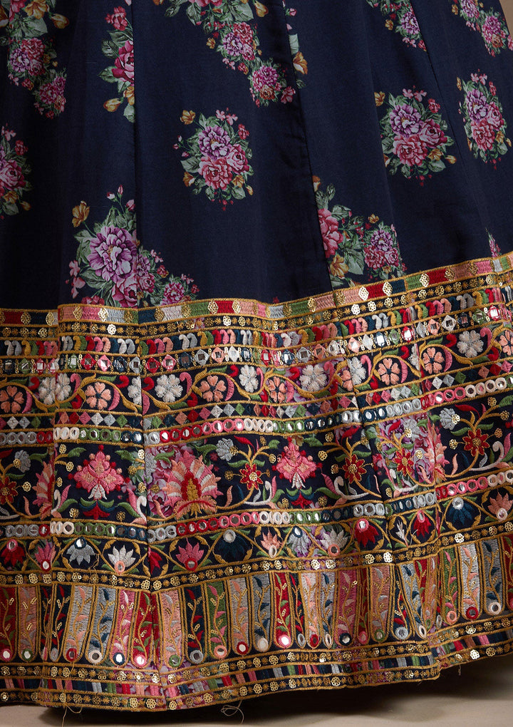 Navy Blue Threadwork Georgette Readymade Lehenga-koskii