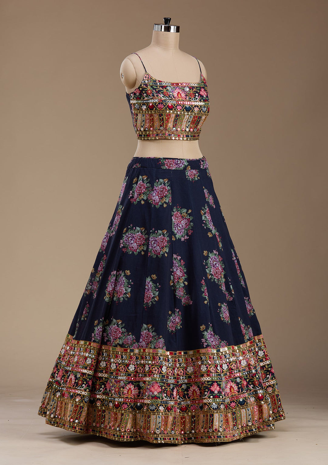 Navy Blue Threadwork Georgette Readymade Lehenga-koskii