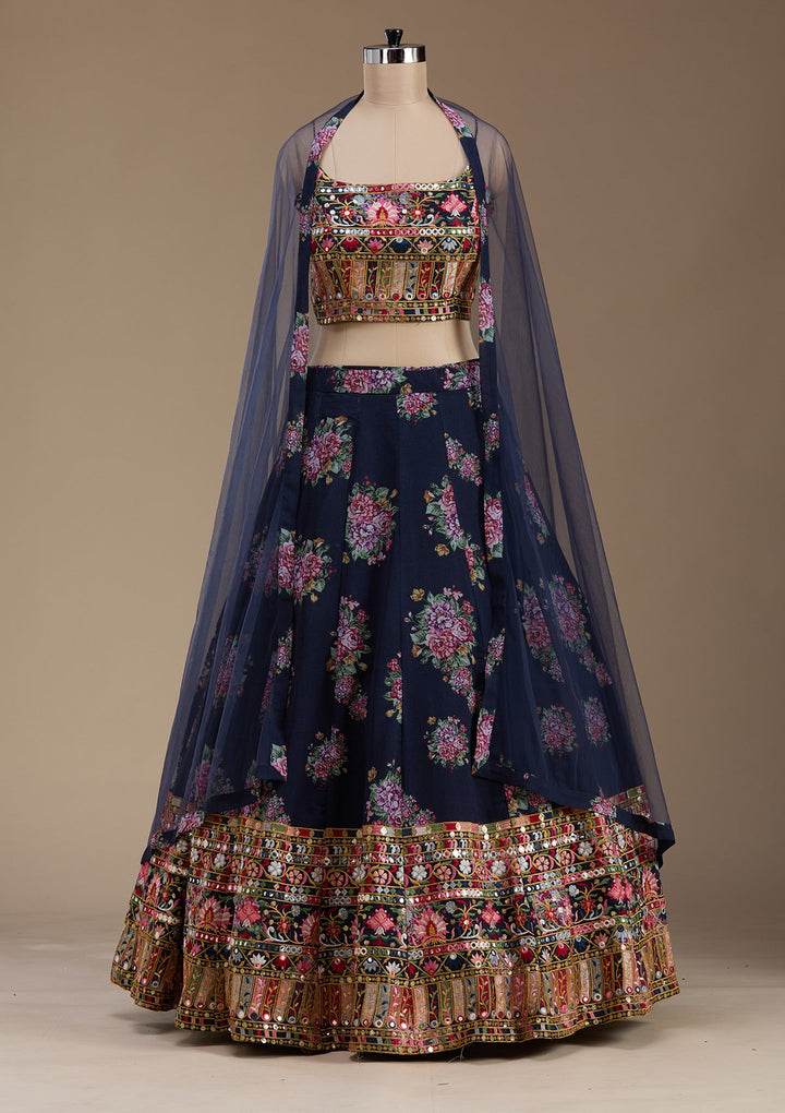 Navy Blue Threadwork Georgette Readymade Lehenga-koskii
