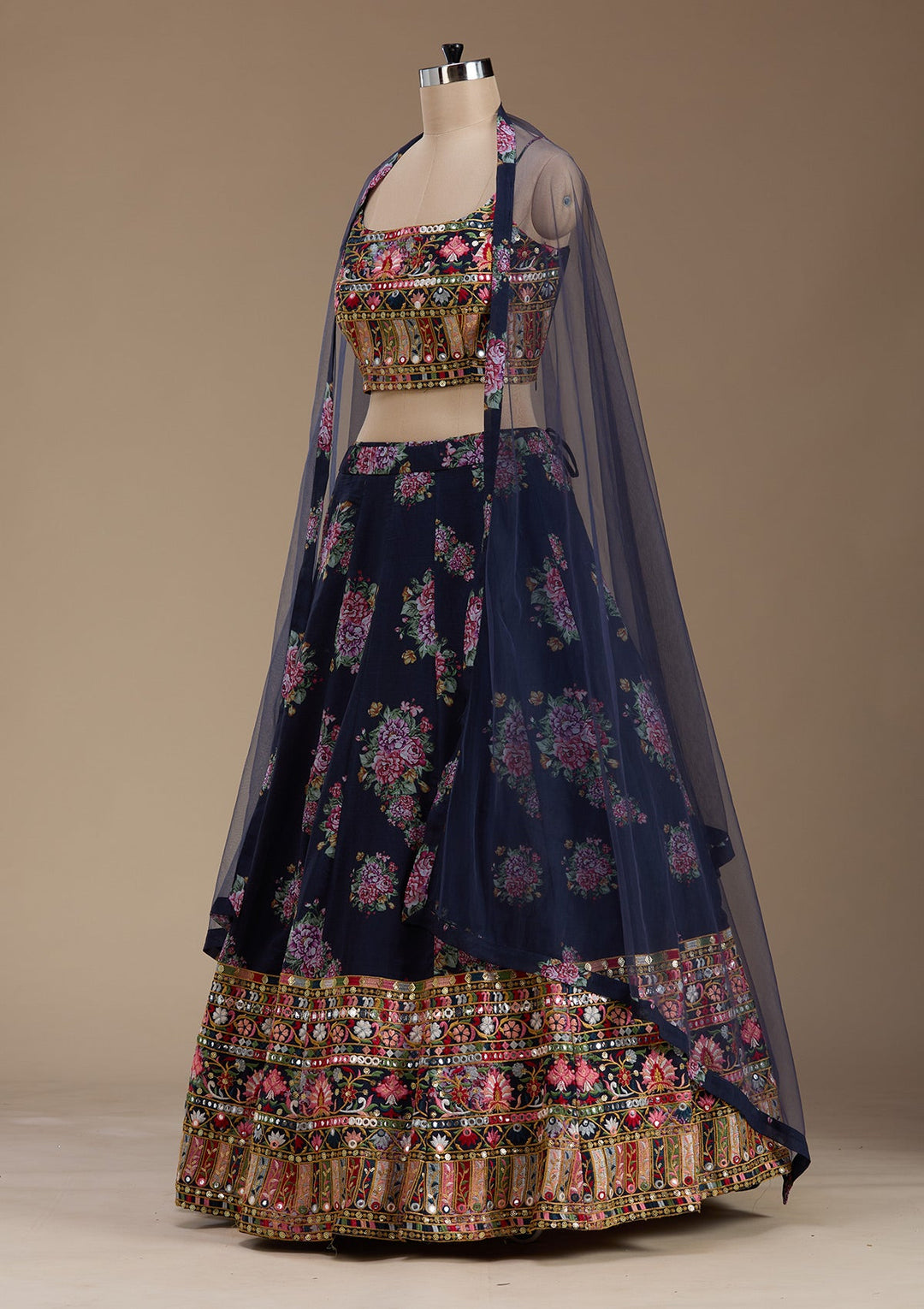 Navy Blue Threadwork Georgette Readymade Lehenga-koskii