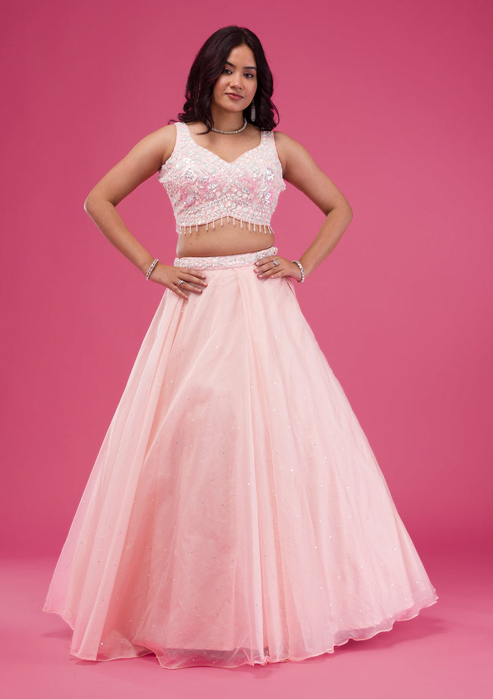 Pink Sequins Tissue Readymade Lehenga-Koskii