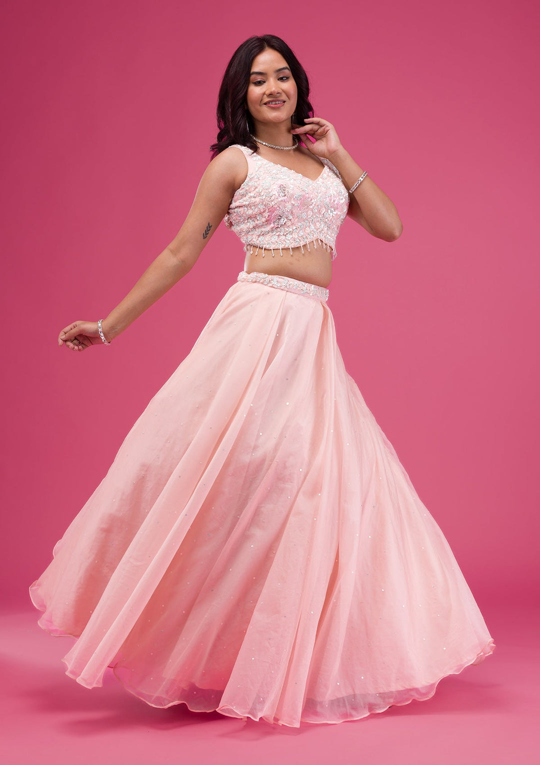 Pink Sequins Tissue Readymade Lehenga-Koskii