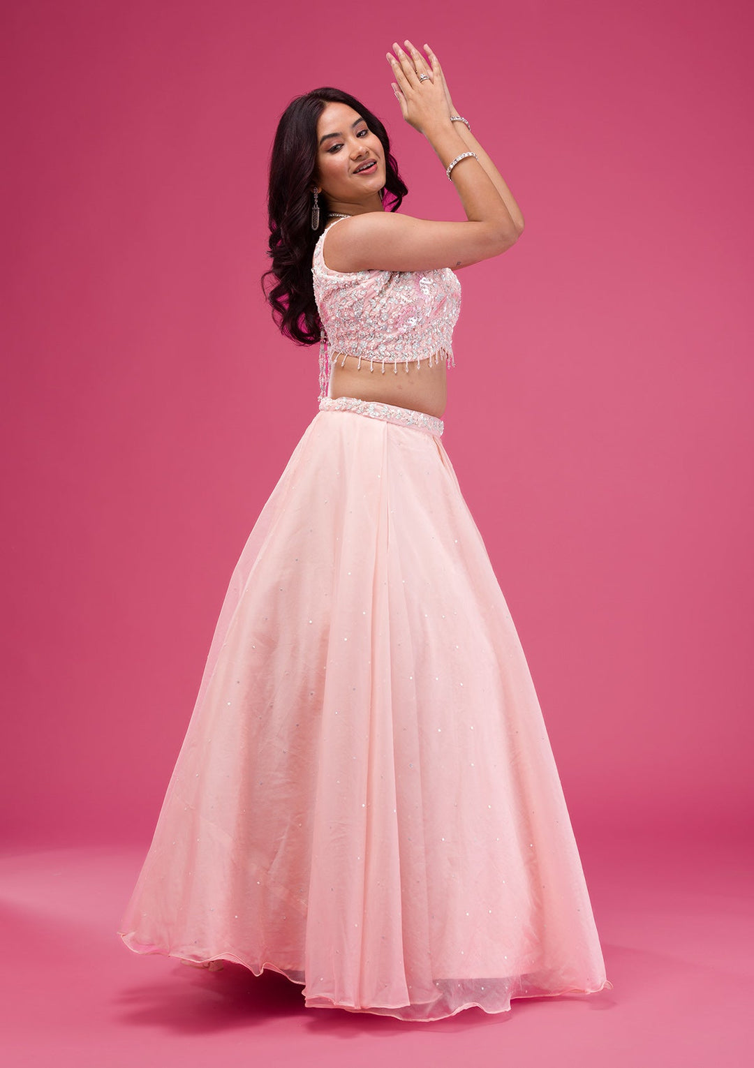Pink Sequins Tissue Readymade Lehenga-Koskii