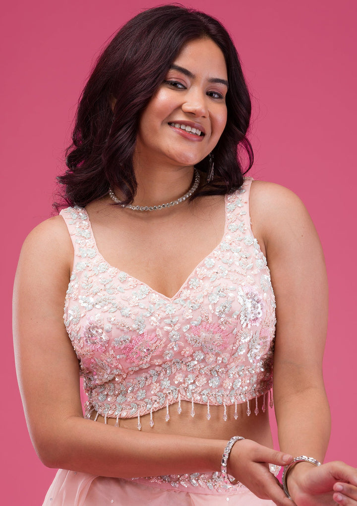 Pink Sequins Tissue Readymade Lehenga-Koskii