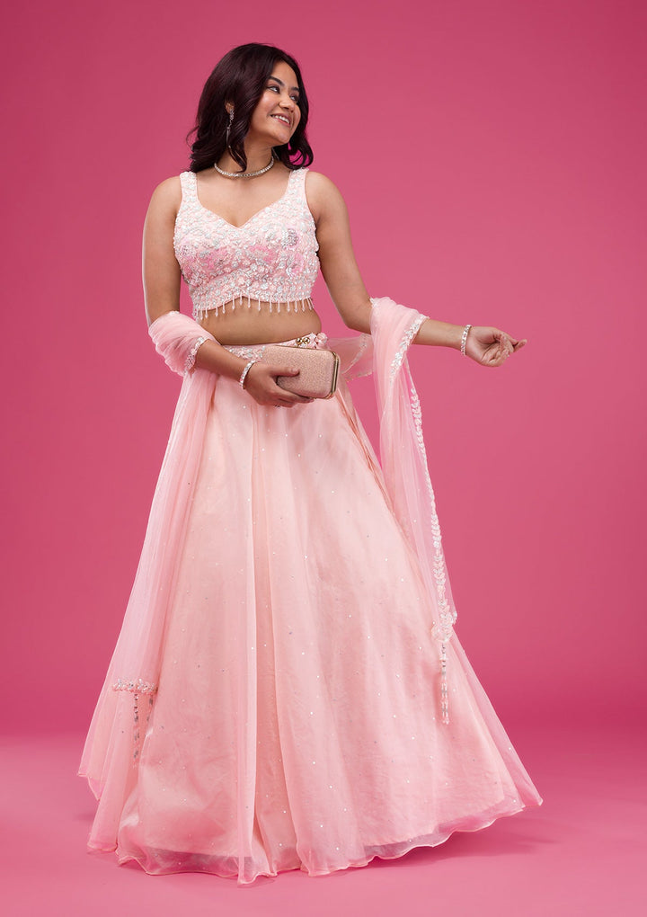 Pink Sequins Tissue Readymade Lehenga-Koskii