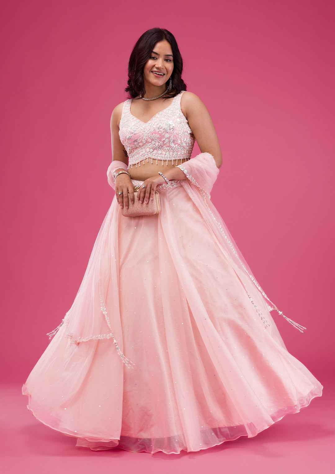 Pink Sequins Tissue Readymade Lehenga-Koskii