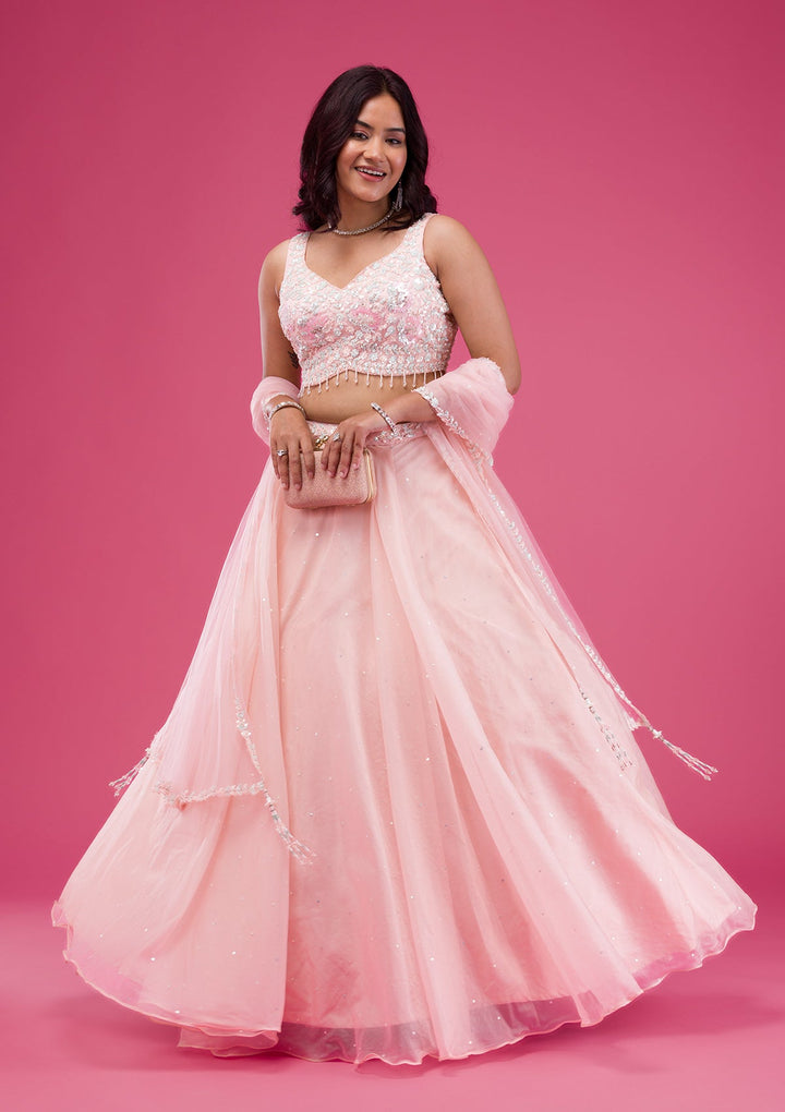 Pink Sequins Tissue Readymade Lehenga-Koskii