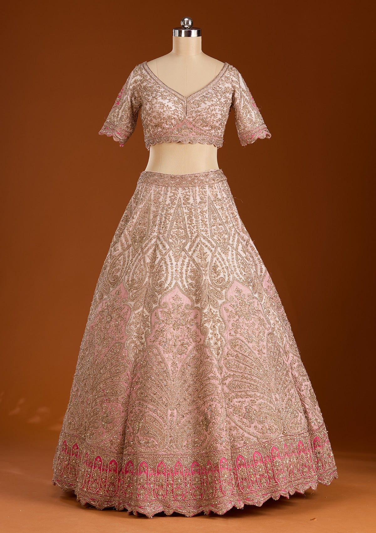 Peach Zariwork Raw Silk Readymade Lehenga-koskii