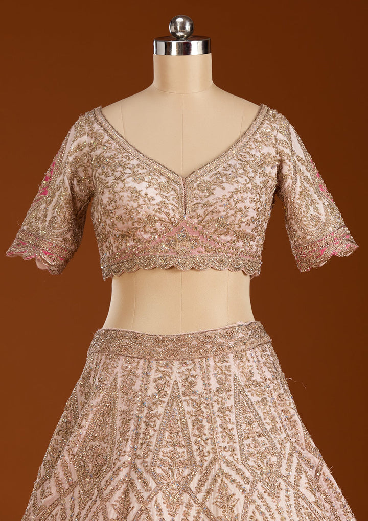 Peach Zariwork Raw Silk Readymade Lehenga-koskii