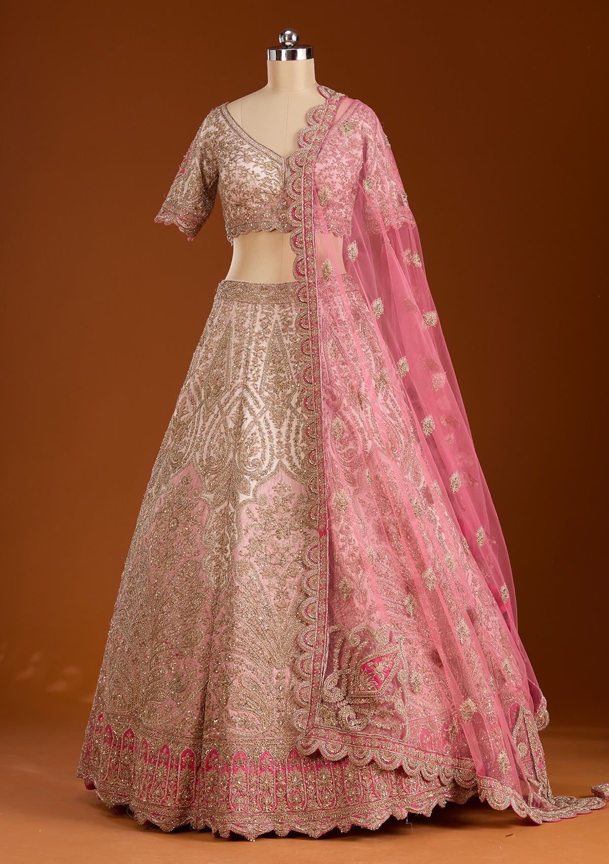 Peach Zariwork Raw Silk Readymade Lehenga-koskii