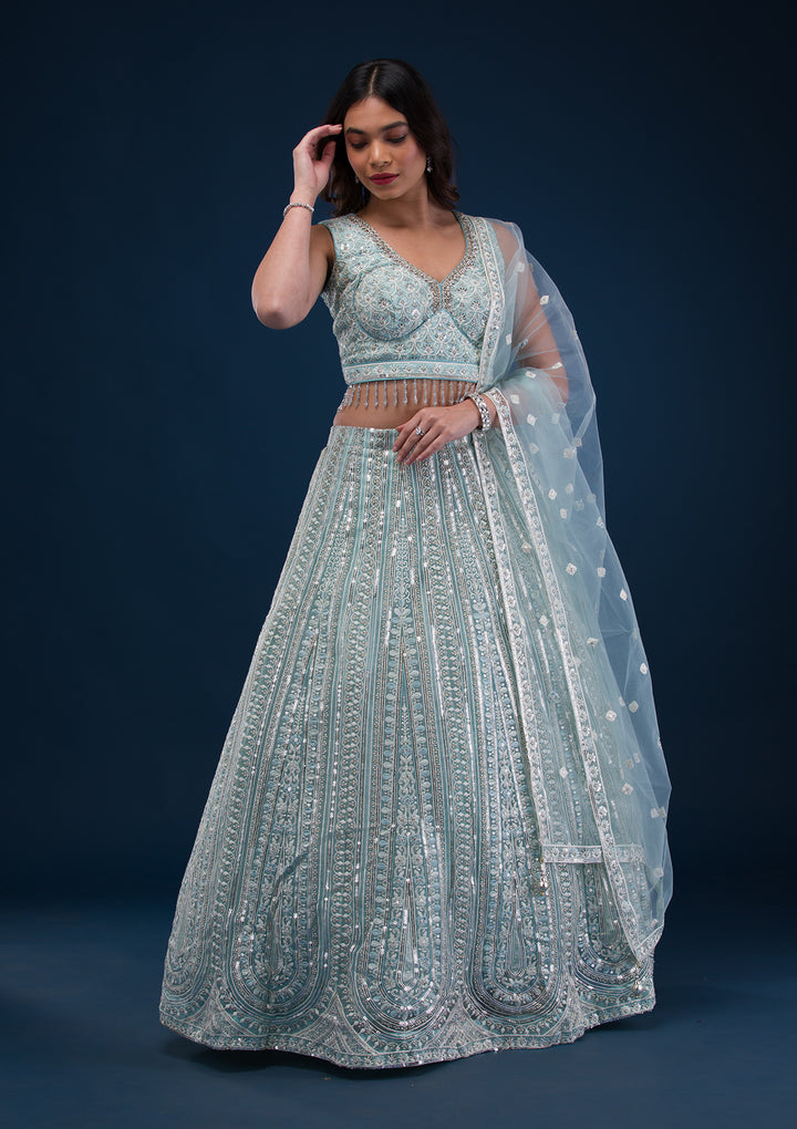 Sea Green Cutdana Net Readymade Lehenga