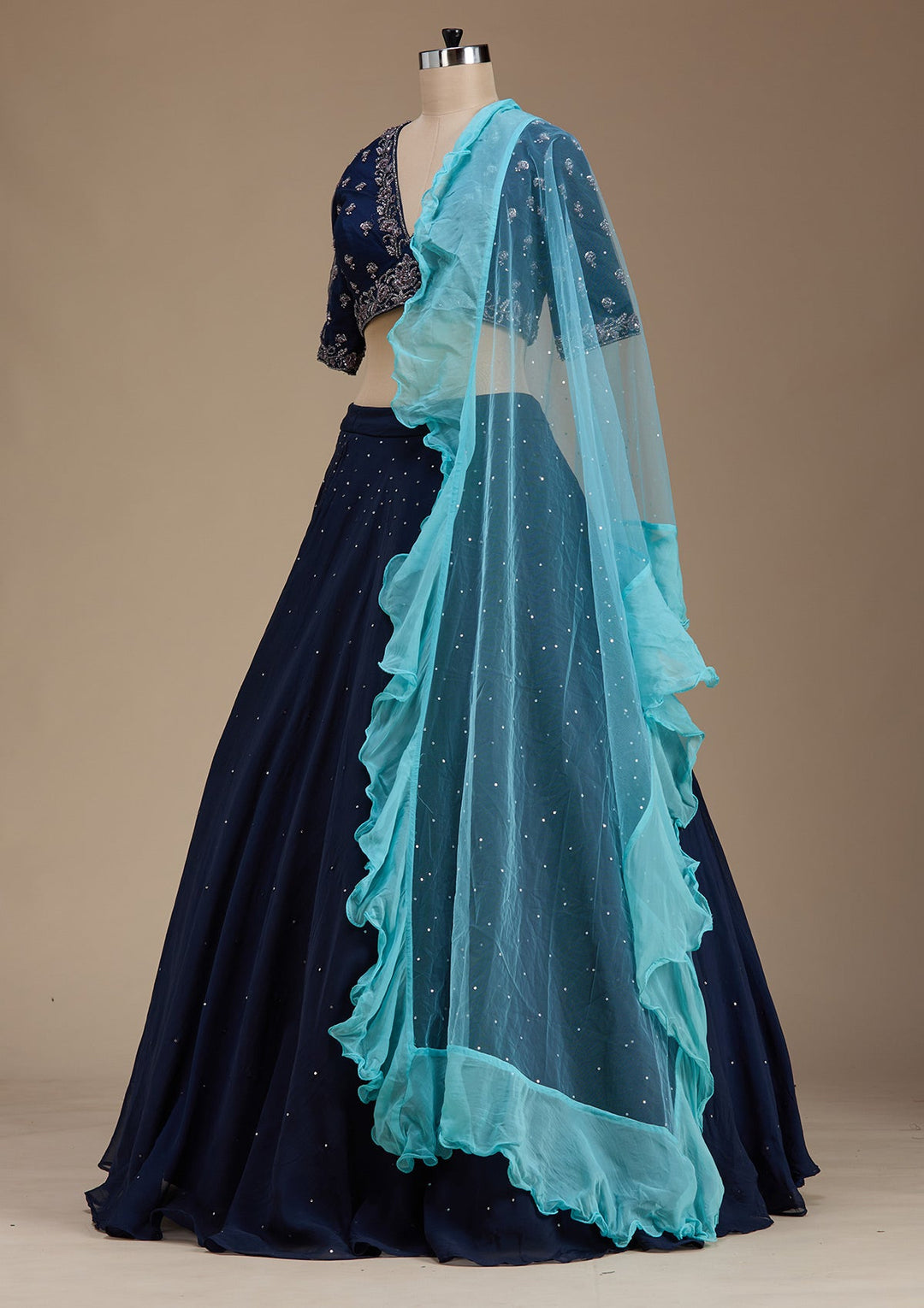 Navy Blue Zardosi Tissue Readymade Lehenga-koskii