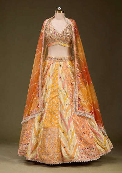 Orange Mirrorwork Brocade Readymade Lehenga_Koskii