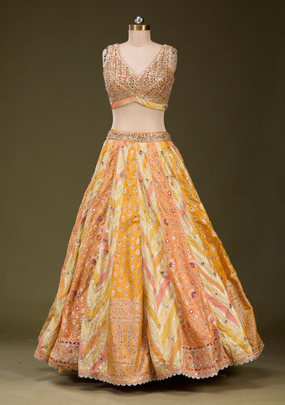Orange Mirrorwork Brocade Readymade Lehenga_Koskii