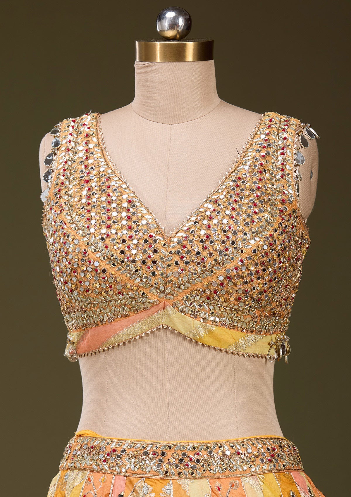 Orange Mirrorwork Brocade Readymade Lehenga_Koskii