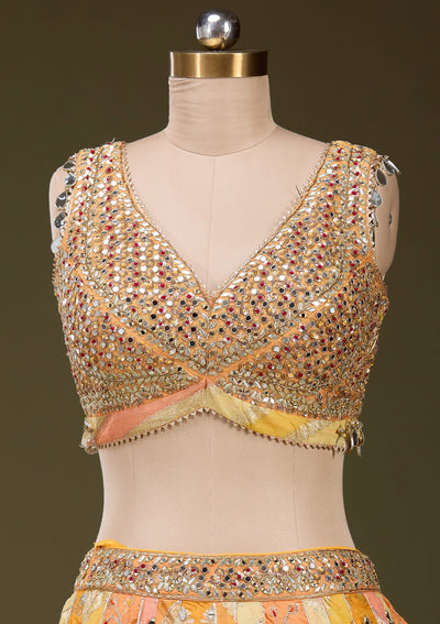 Orange Mirrorwork Brocade Readymade Lehenga_Koskii