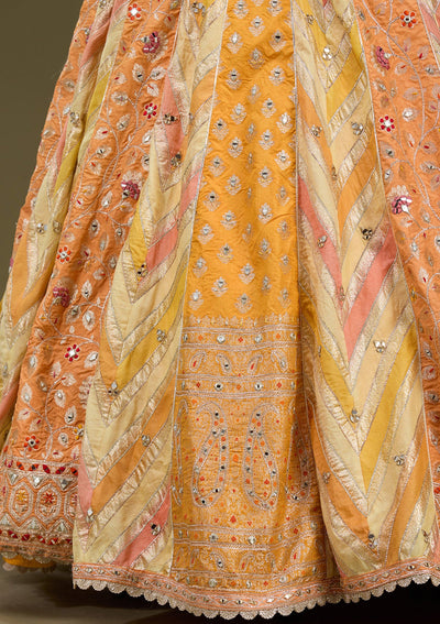 Orange Mirrorwork Brocade Readymade Lehenga_Koskii
