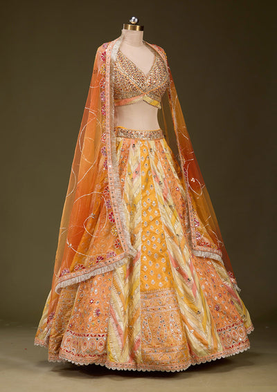 Orange Mirrorwork Brocade Readymade Lehenga_Koskii