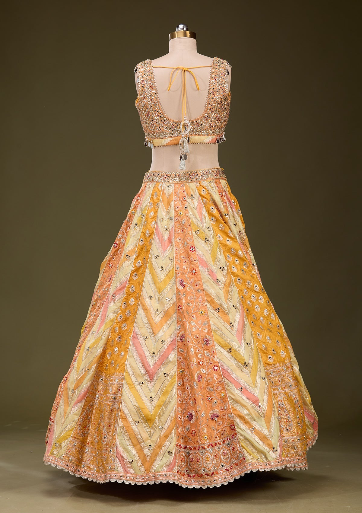 Orange Mirrorwork Brocade Readymade Lehenga_Koskii
