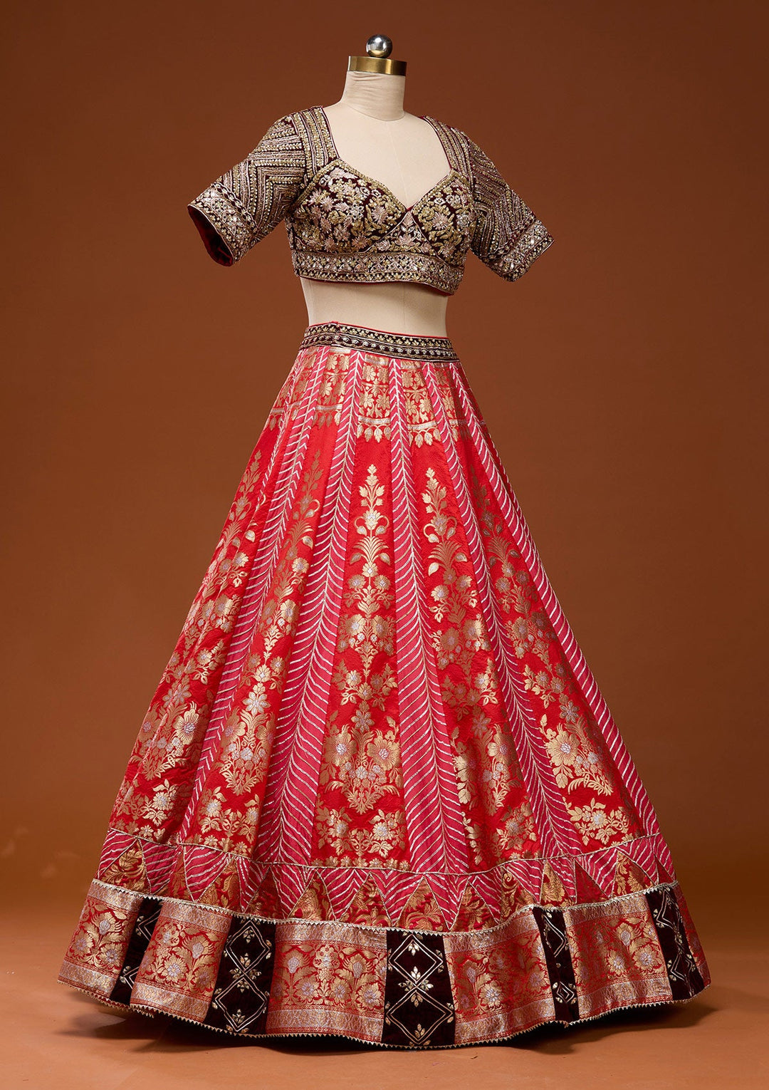 Red Zardosi Brocade Readymade Lehenga_Koskii