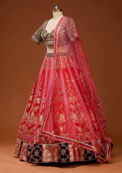 Red Zardosi Brocade Readymade Lehenga_Koskii