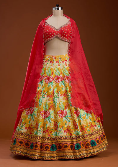 Mustard Cutdana Raw Silk Readymade Lehenga-koskii