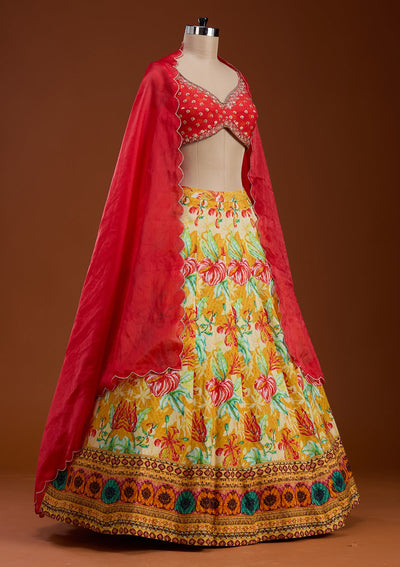 Mustard Cutdana Raw Silk Readymade Lehenga-koskii