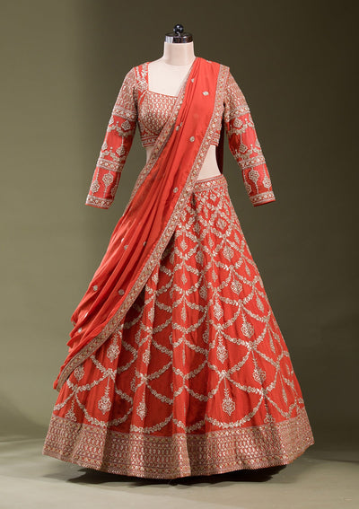Rust Zariwork Georgette Readymade Lehenga-koskii