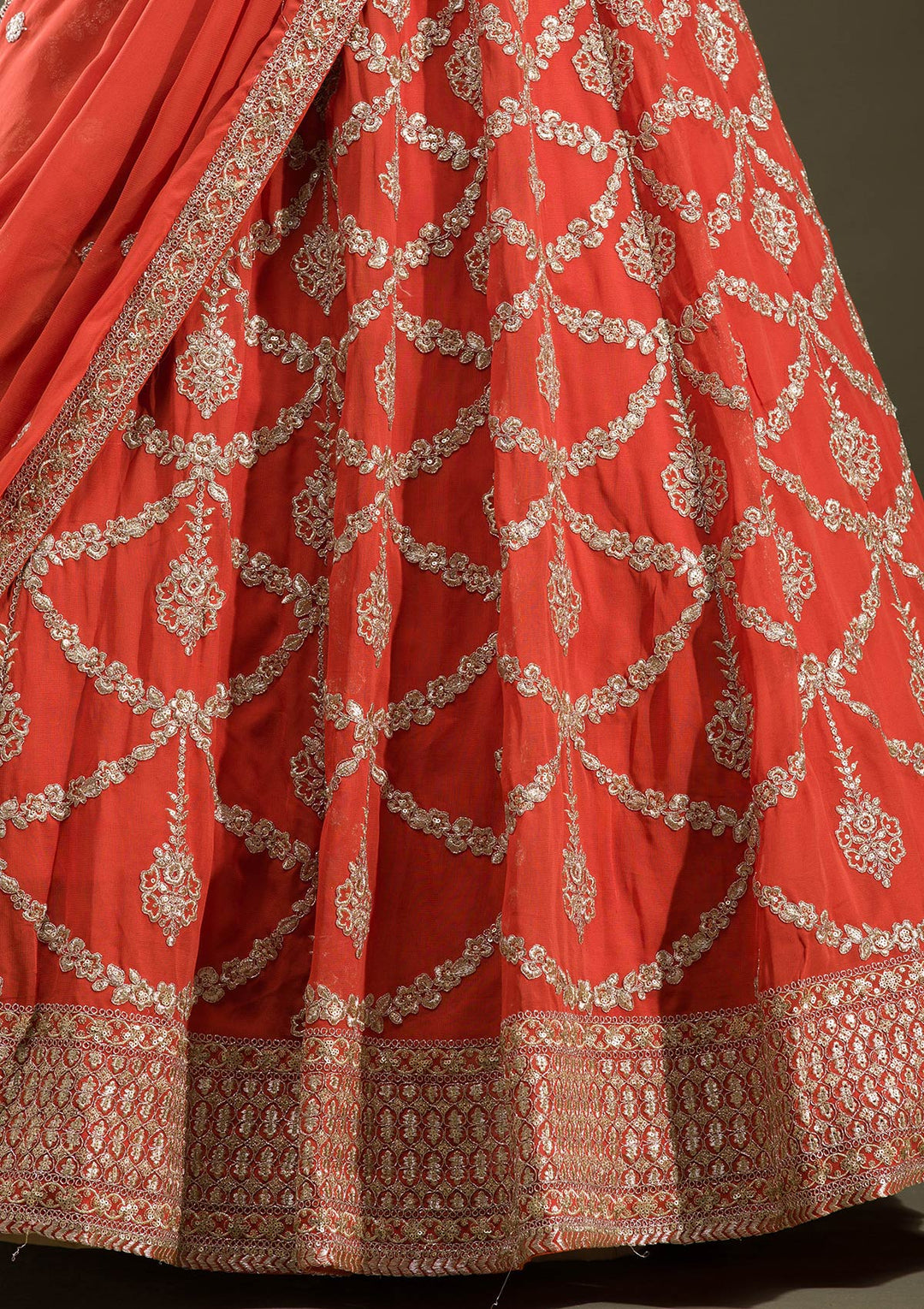 Rust Zariwork Georgette Readymade Lehenga-koskii