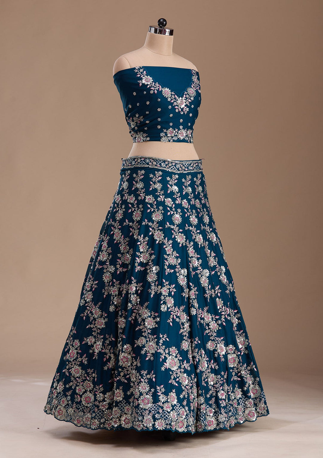 Rama Green Sequins Silk Readymade Lehenga-Koskii