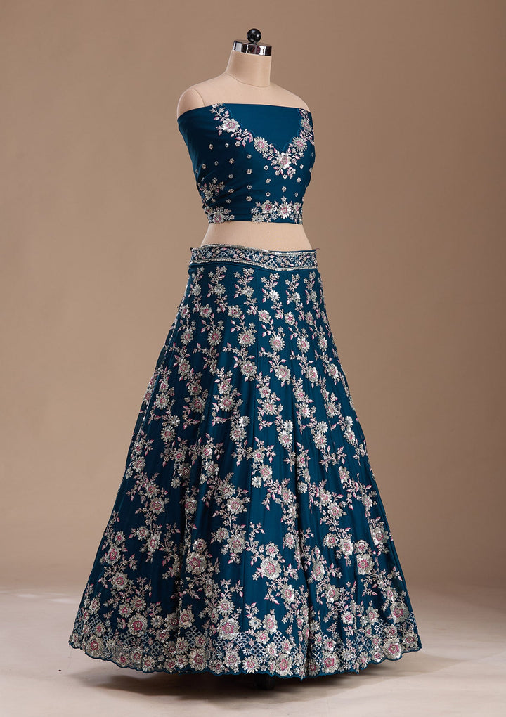 Rama Green Sequins Silk Readymade Lehenga-Koskii