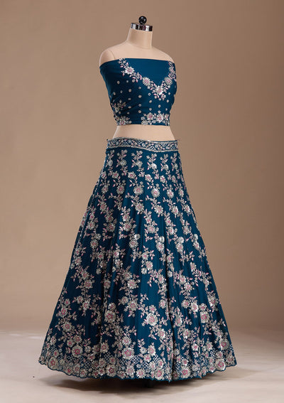Rama Green Sequins Silk Readymade Lehenga-Koskii