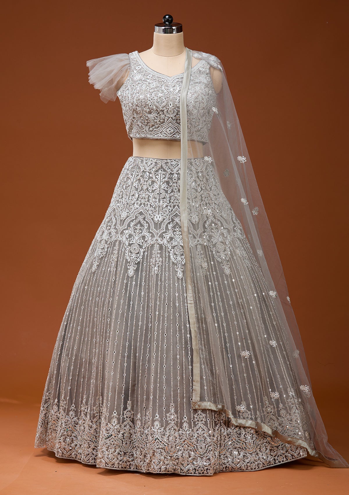 Light Grey Silver Zariwork Net Readymade Lehenga_Koskii