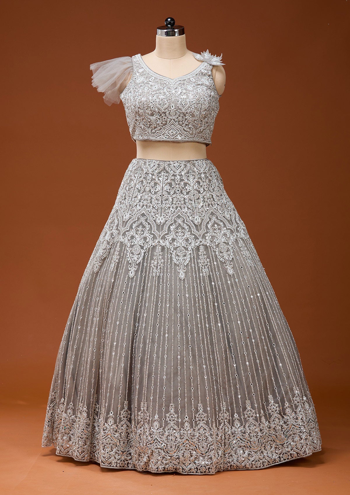 Light Grey Silver Zariwork Net Readymade Lehenga_Koskii