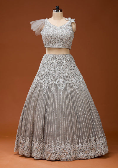 Light Grey Silver Zariwork Net Readymade Lehenga_Koskii